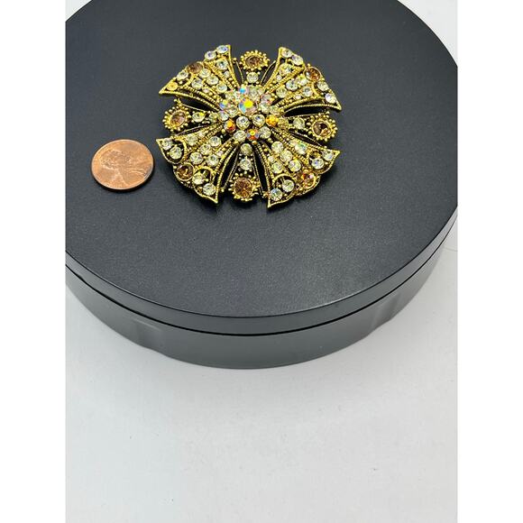 Vintage Stacked Domed Round Gold, Bronze & Brown Rhinestone AB Brooch - Picture 7 of 8